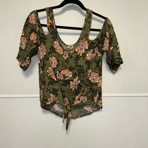 Women's True Craft Floral Cold Shoulder Top Size M Green Orange Blouse Tie Front